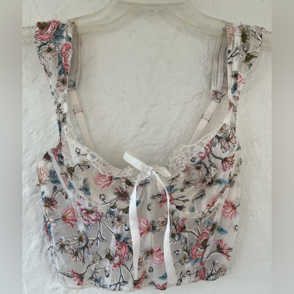 VICTORIA'S SECRET CREAM FLORAL UNLINED WIRED BRA TOP CORSET ZIP BACK 34B 32C - Picture 1 of 6